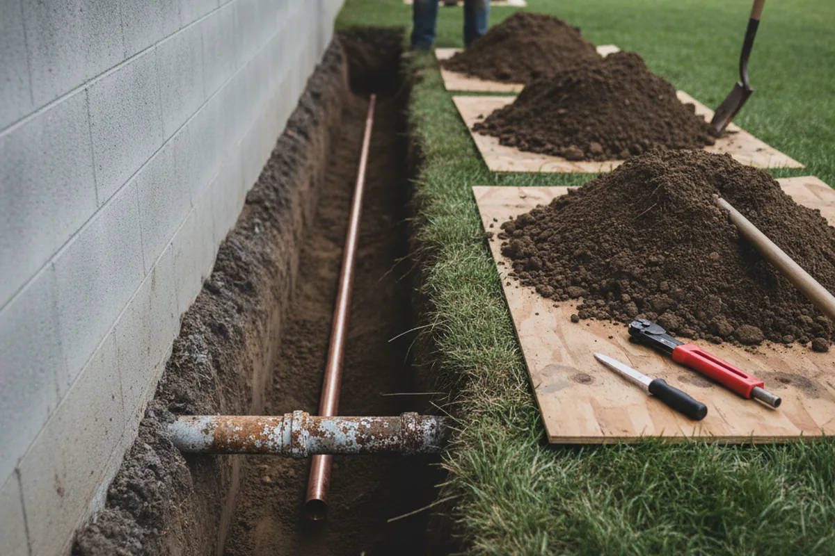 Excavated water line trench during Water Softener Installation in Murchison